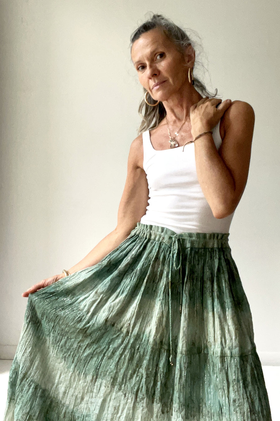 Vintage Green Maxi Skirt with Metallic Thread