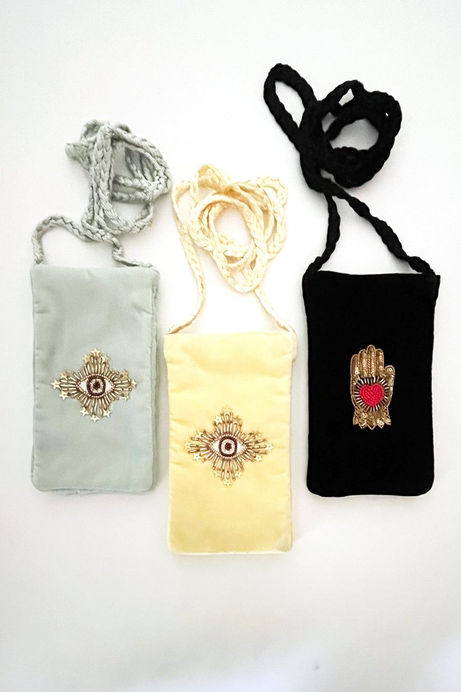 Beaded Velvet Phone Pouch - Black Hamsa