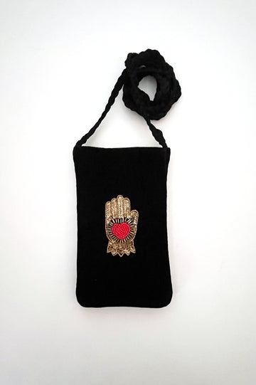 Beaded Velvet Phone Pouch - Black Hamsa