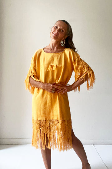 Vintage Yellow Dress with Macrame Fringe