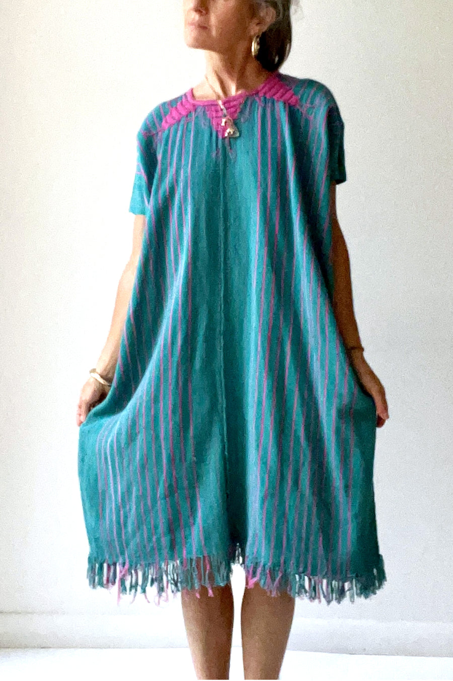 Vintage Teal and Pink Embroidered Dress