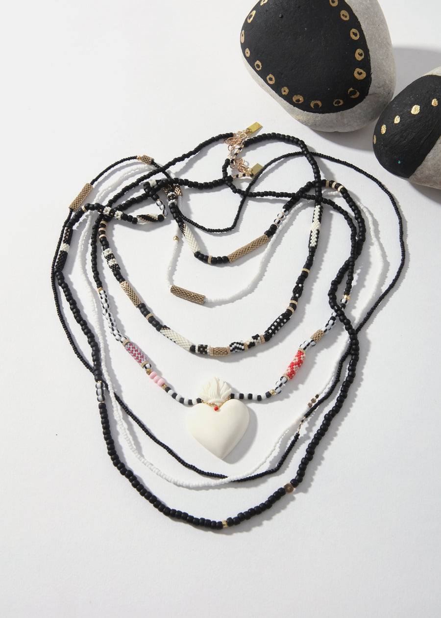 LaLoba Necklace - Woven Beads Black & White Long